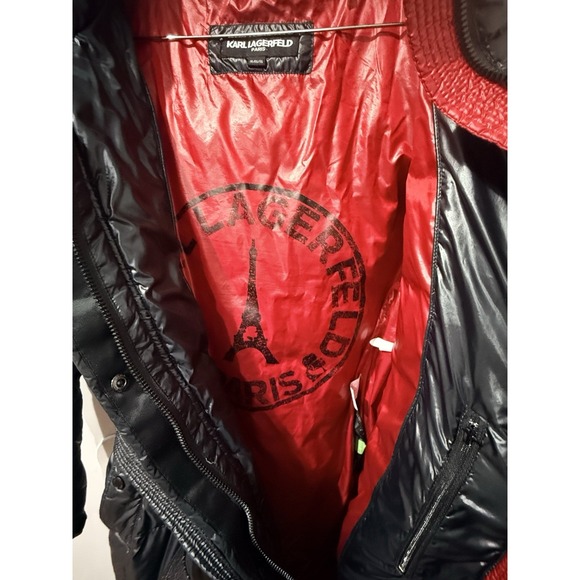 KARL LAGERFELD PARIS Women's Shine Hooded Belted Down Puffer Coat Black Red XL - Picture 9 of 9